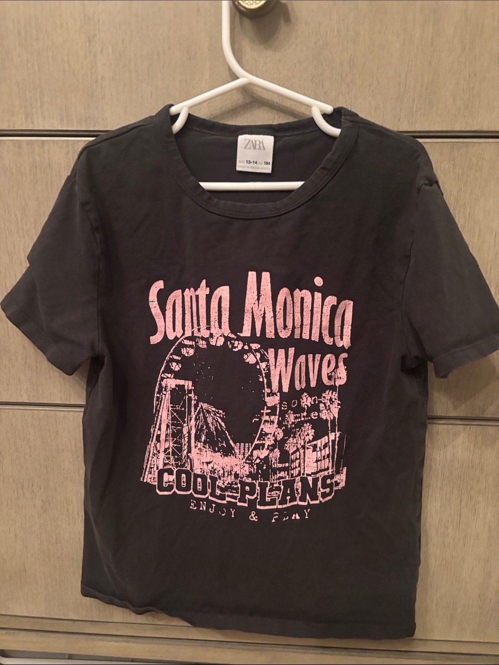 Zara Black Tee with Pink Santa Monica Graphic size 13-14